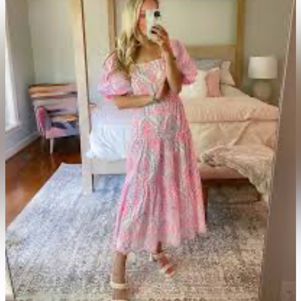 Lilly Pulitzer Pink Eyelet Midi Dress with Puff Sleeves - Picture 2 of 6